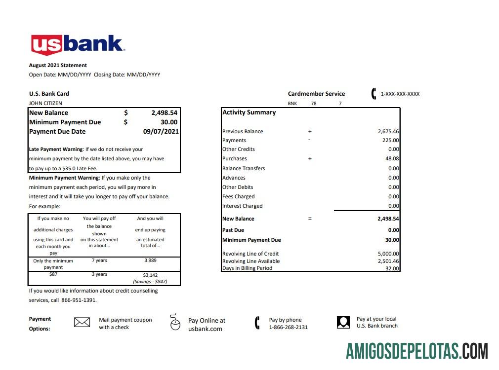 Modelo de extrato de cartão de crédito bancário dos EUA para impressão em formato de arquivo .xls e .pdf